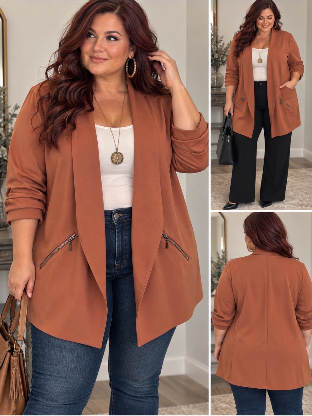 Maurices Rust Open-Front Blazer with Zip Pocket Details